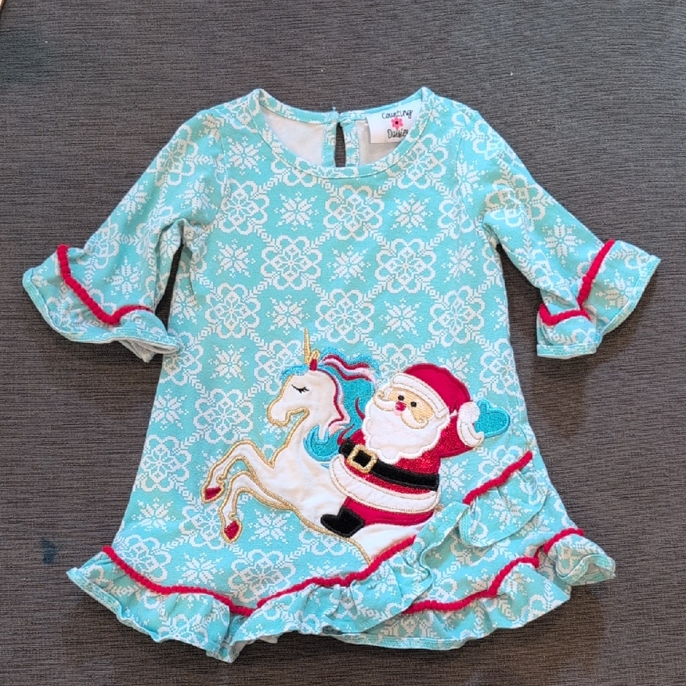 Carter's Kids Aqua Dress with Santa and Unicorn Design
